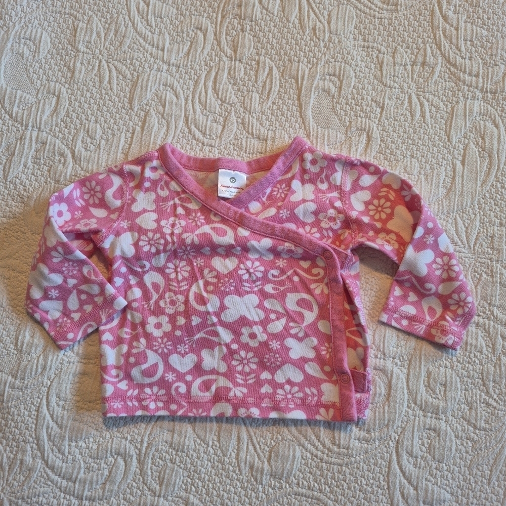 Hanna Andersson girls 70 or 6-12 months pink and white kimono style shirt VGUC